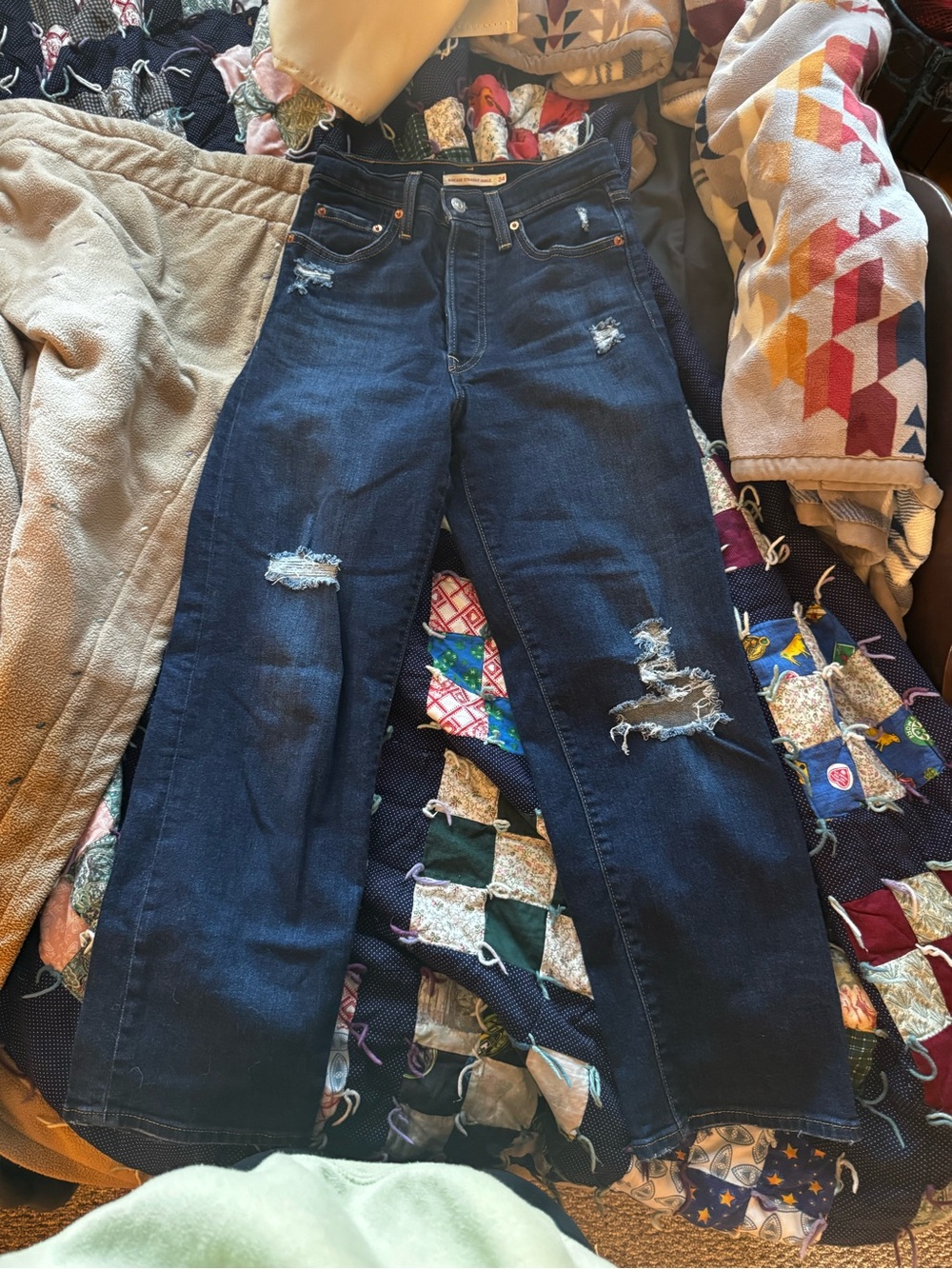 Levi's Dark Blue Distressed Wide-Leg Jeans